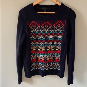 J crew wool navy sweater with pattern